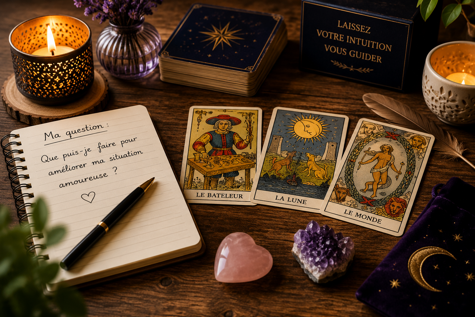 Carnet et cartes de tarot pour préparer une question claire